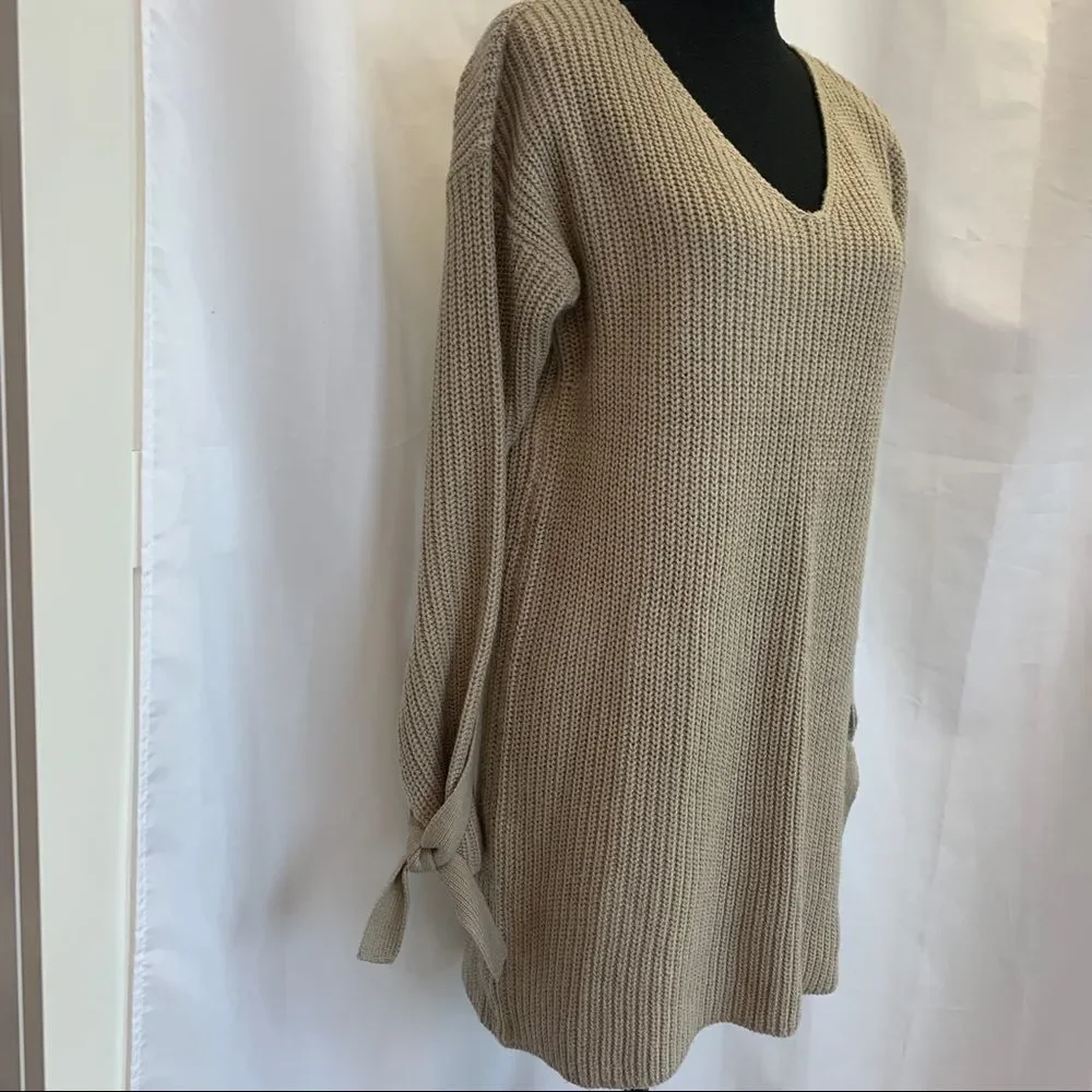 ALTAR beige tan brown tie-sleeve oversized long V-neck sweater size medium